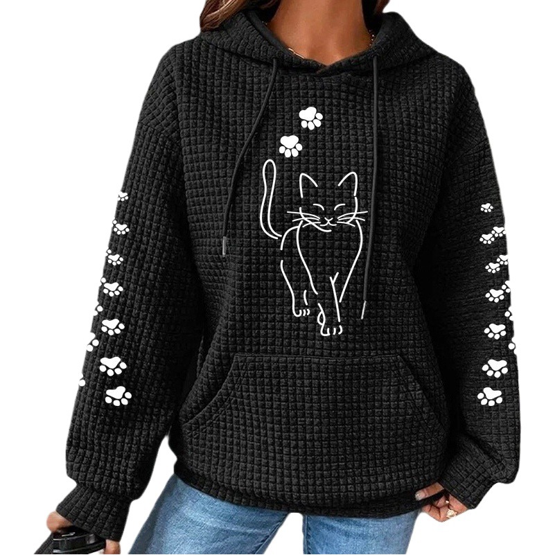 2023 autumn and winter women's new waffle hooded long sleeve letter printed sweater loose Europe and the United States cross-border European size