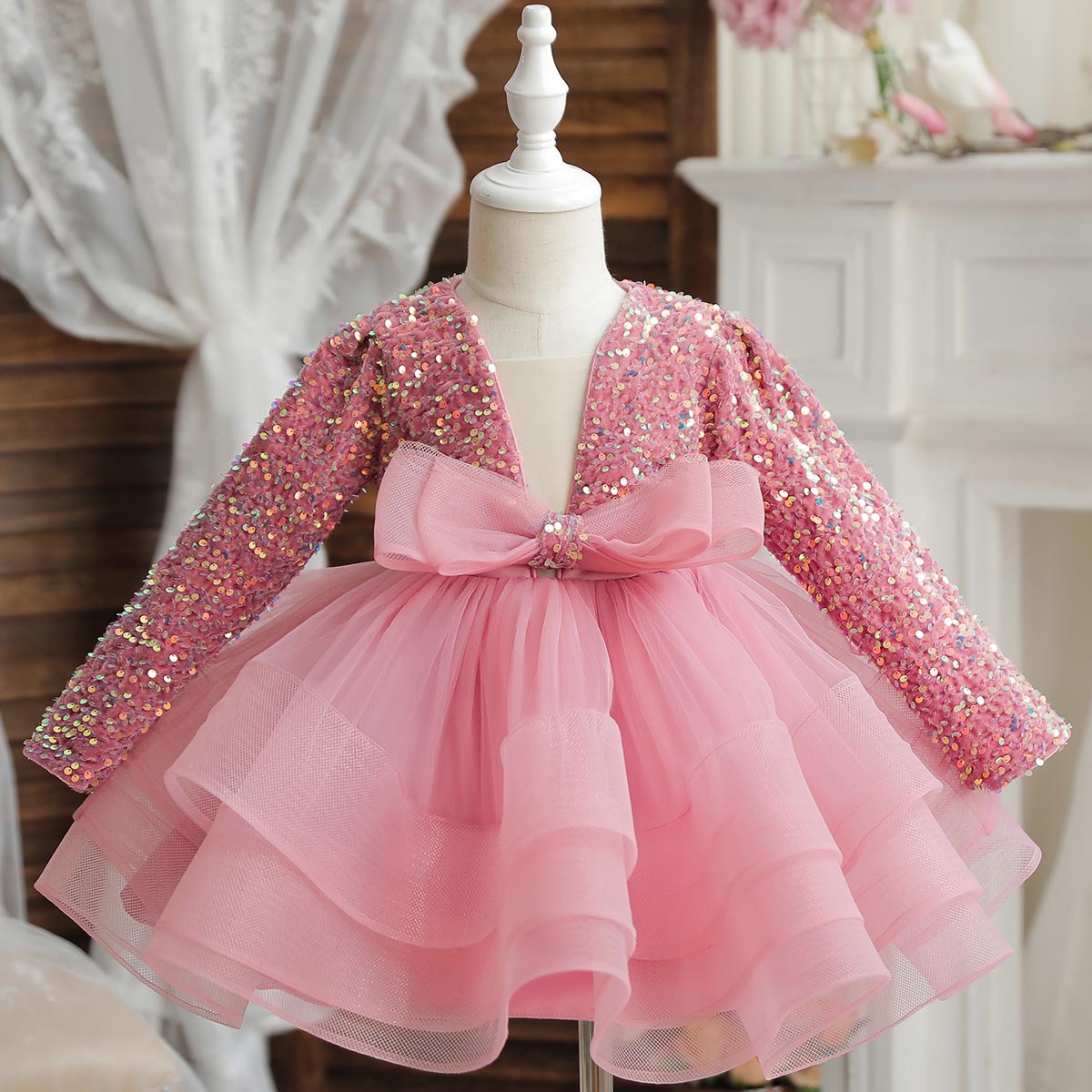 Girls new birthday catwalk show host evening dress long sleeve high-end children's dress wholesale