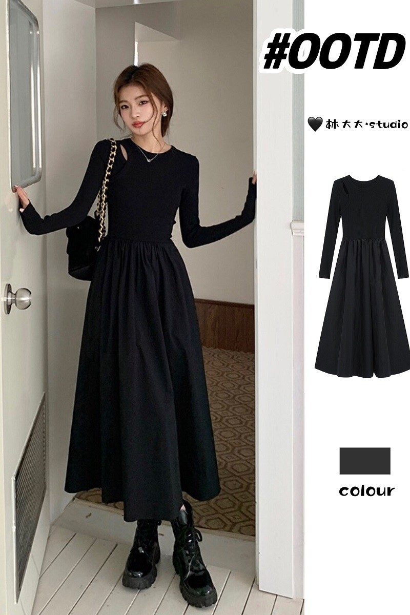 Picture of Hepburn Style Fall/Winter 2023 New Style Hepburn Style Hollow-out Long-sleeved dress Women's Elegant Slim-fit Slimming Base Dress