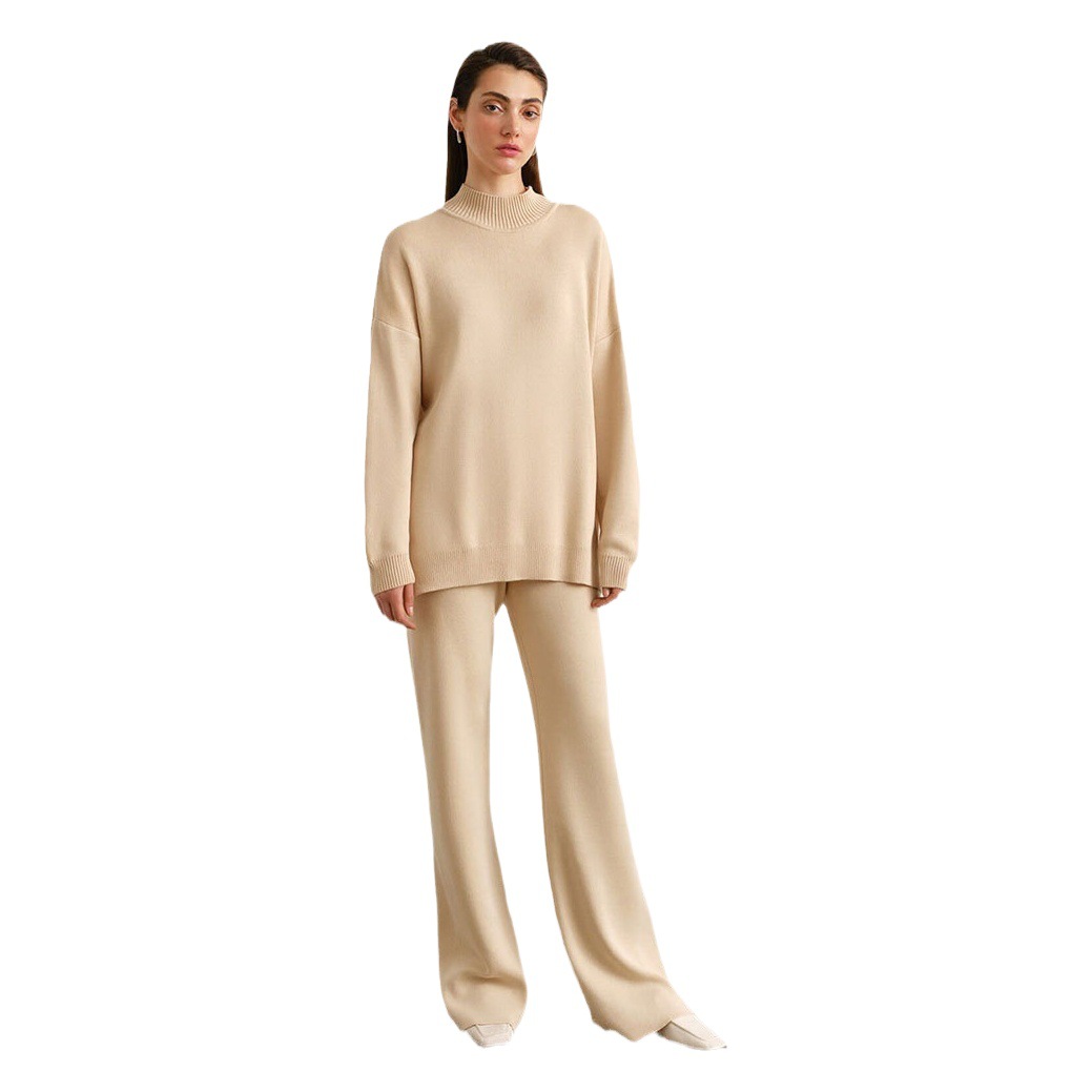 Solid Color Knitted Turtleneck Slit Sweater Suit Women's European and American 2025 Autumn and Winter Fashion Casual Lazy Sweater Suit