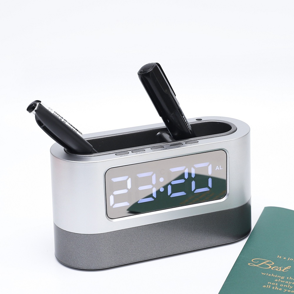 Cross-Border Desktop Office Led Digital Pen Holder Clock Time Calendar Display Digital Pen Holder Alarm Clock Stationery Storage