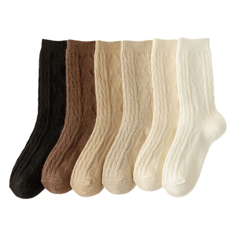 Pure color wool socks women's autumn and winter mid-calf length socks thickened warm stockings ins trendy Japanese rhombus cashmere pile socks