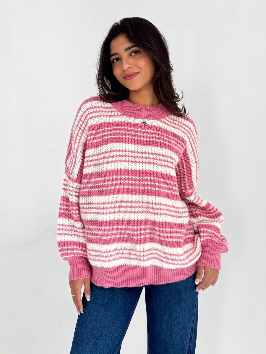 2024 cross-border Amazon knitted striped sweater autumn and winter new color matching color contrast loose lazy wind backing