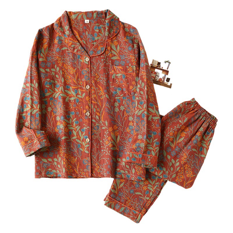 New Retro Yarn-dyed Leaf Lapel Long-sleeved Trousers Cardigan Women's Home Clothes Two-piece Cotton Pajamas