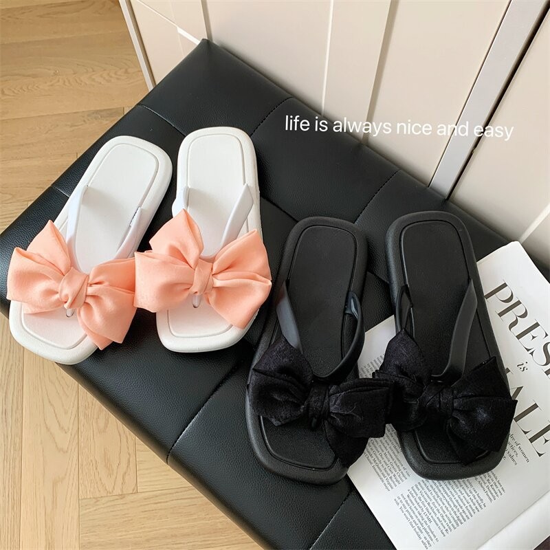Summer New Style Flat Slippers Women's Bow Slides Korean Style Gentle All-match Non-slip Deodorant Outer Wear Household