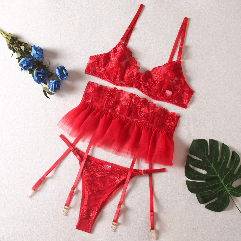 Picture of New European and American ins Net red style gauze skirt ruffled garter belt tight fit sexy underwear three-piece embroidered steel ring