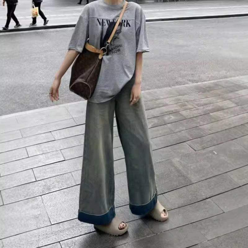 Washed Vintage Loose Straight-Leg Jeans Women's Summer New Design Sense Flanging High Waist Small Wide Leg Pants