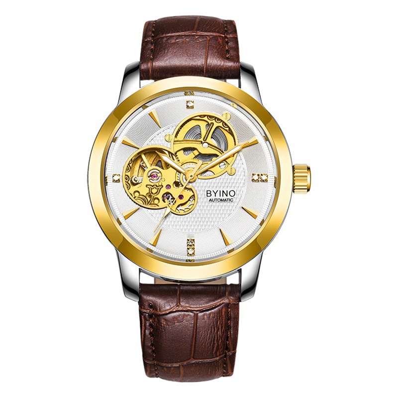 BYINO genuine goods Men's Watch Automatic Mechanical Watch Luminous Waterproof Belt Fashion Hollow Student Men's Gold Watch