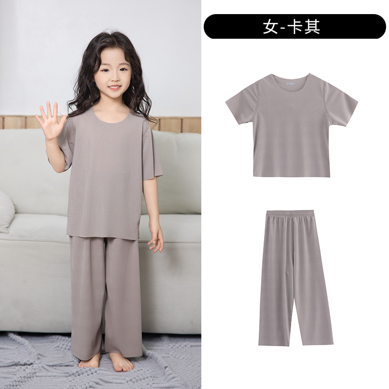 Picture of Summer New Style Boys' Short-Sleeved Loose Seamless Ice Silk Home Clothes Children's Two-Piece Set Girls' Pajamas Set Wholesale