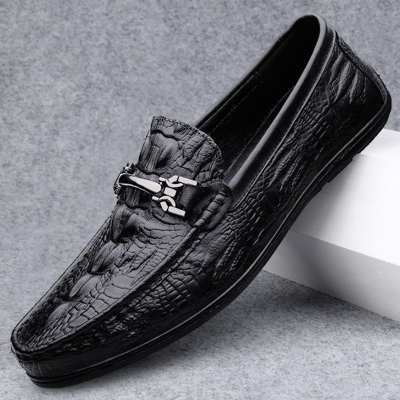 Leather Shoes Men's Foreign Trade Wholesale Spring and Summer Simple Black Leather Bean Shoes Soft Sole Lightweight One-Leg Business Men's Shoes