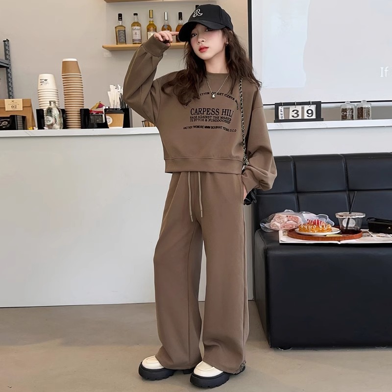 Girls Korean Style Casual Suit for Older Children Spring & Fall New Style Foreign Style Letter Sweatshirt Fashionable Straight Pants Two-Piece Set