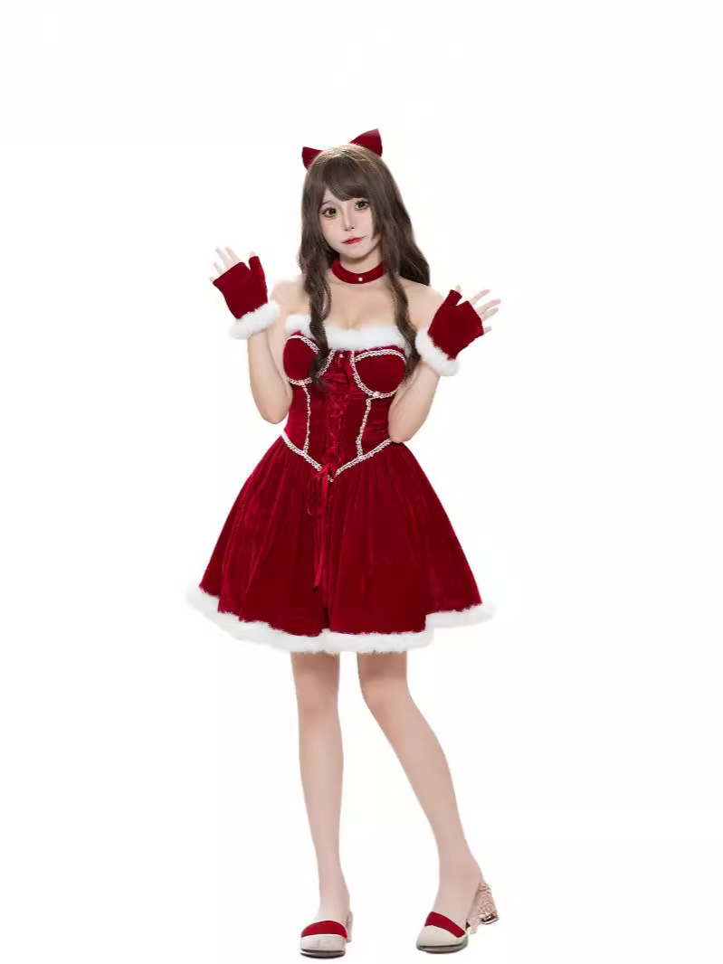 Christmas Costume Adult Female Bunny Sexy cos Prom Red Santa Clothes ds Show Costume