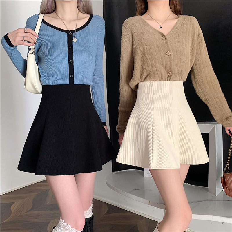 Sweet corduroy ruffled skirt for women 2023 new autumn high waist slimming small A- line short skirt