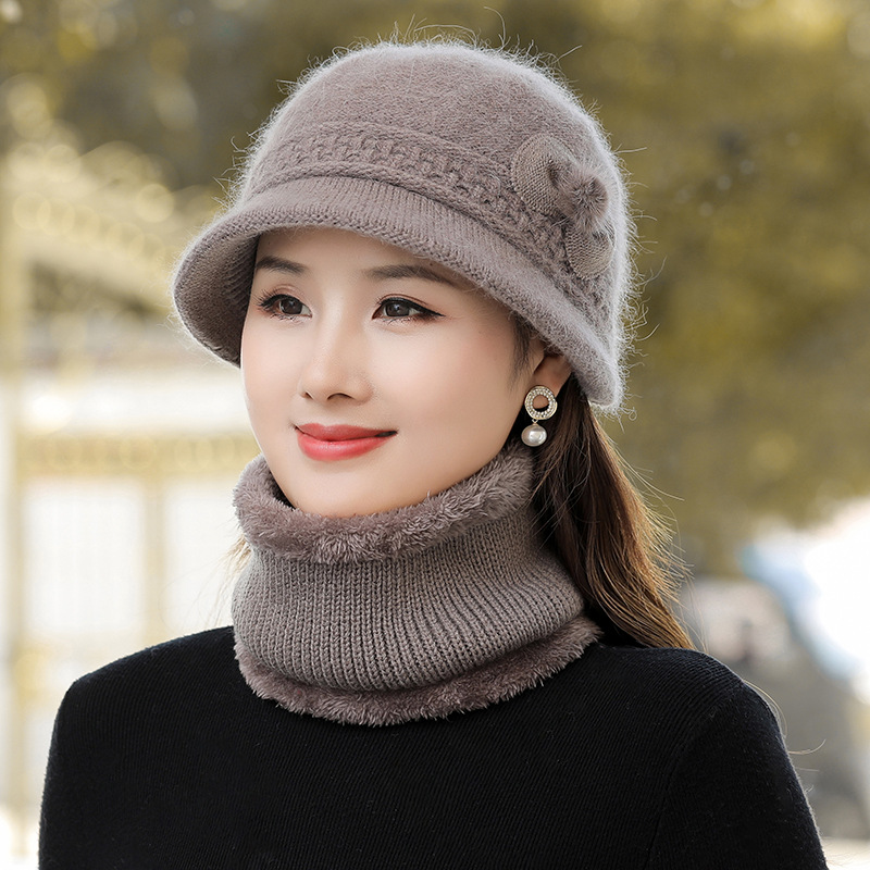 Middle-aged and elderly hat female autumn and winter rabbit fur knitted basin hat winter old mother hat old lady hat scarf set