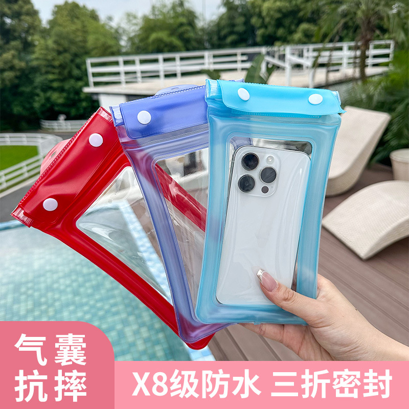 in stock pvc swimming mobile phone bag tri-fold mobile phone waterproof bag airbag printed logo hanging neck touch screen diving case