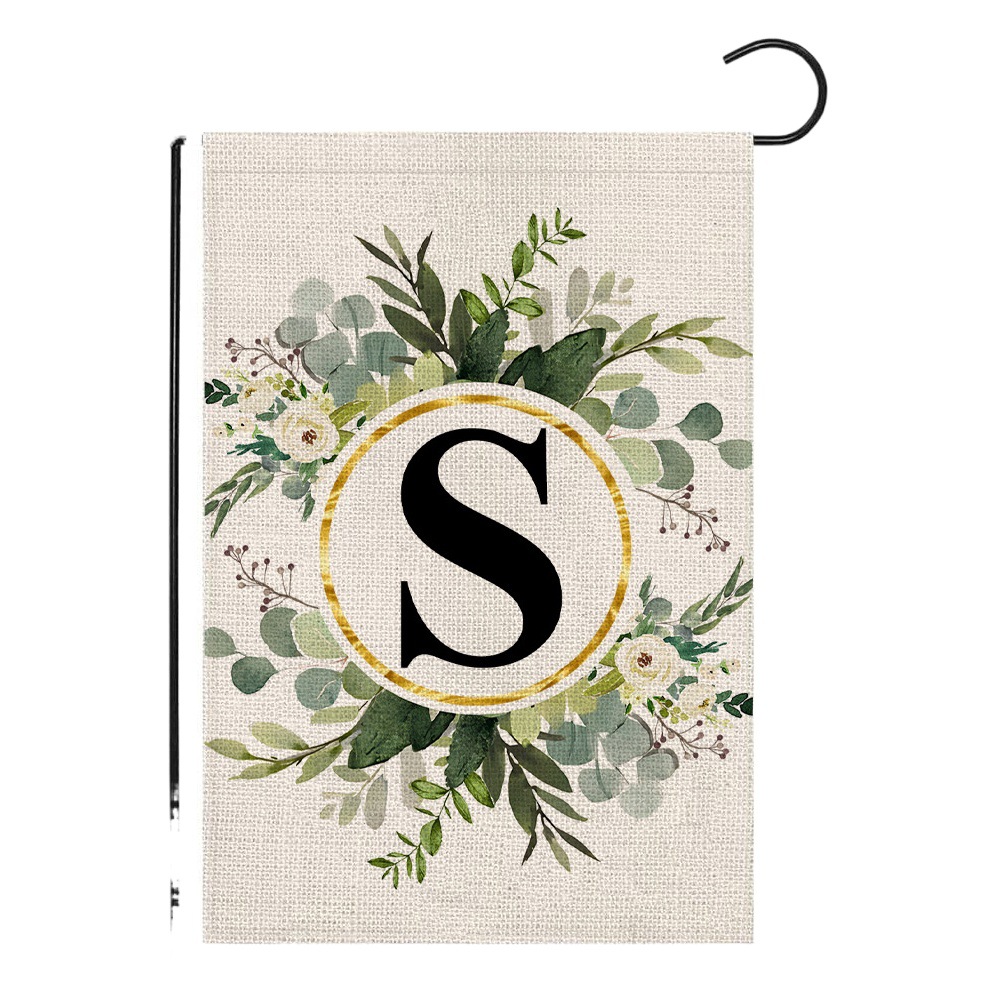 Simple ins style 26 letters + green plant printed linen garden flag surname initials courtyard door flag