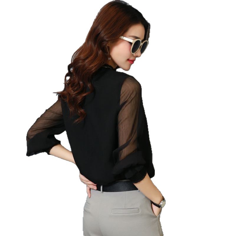 Picture of 2025 Spring New Chiffon Shirt with Small Stand Collar, Sexy Plus Size Versatile Fashionable Mesh Ruffle Base Shirt Top