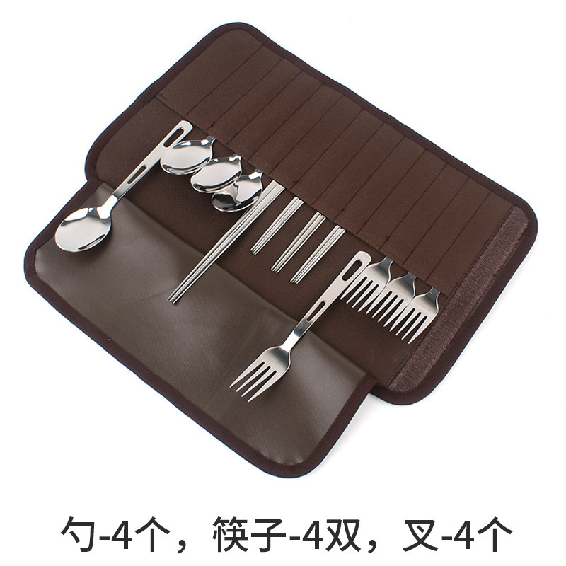 Picture of Outdoor Tableware Set Camping Barbecue 4 Person Tableware Portable Stainless Steel Spoon Chopsticks Fork Travel picnic bag