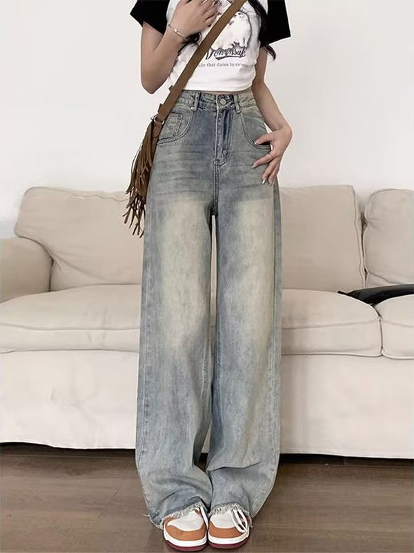 Blue Raw Edge Wide Leg Jeans Women's Autumn 2024 New High Waist Loose All-match Dipped Straight Pants