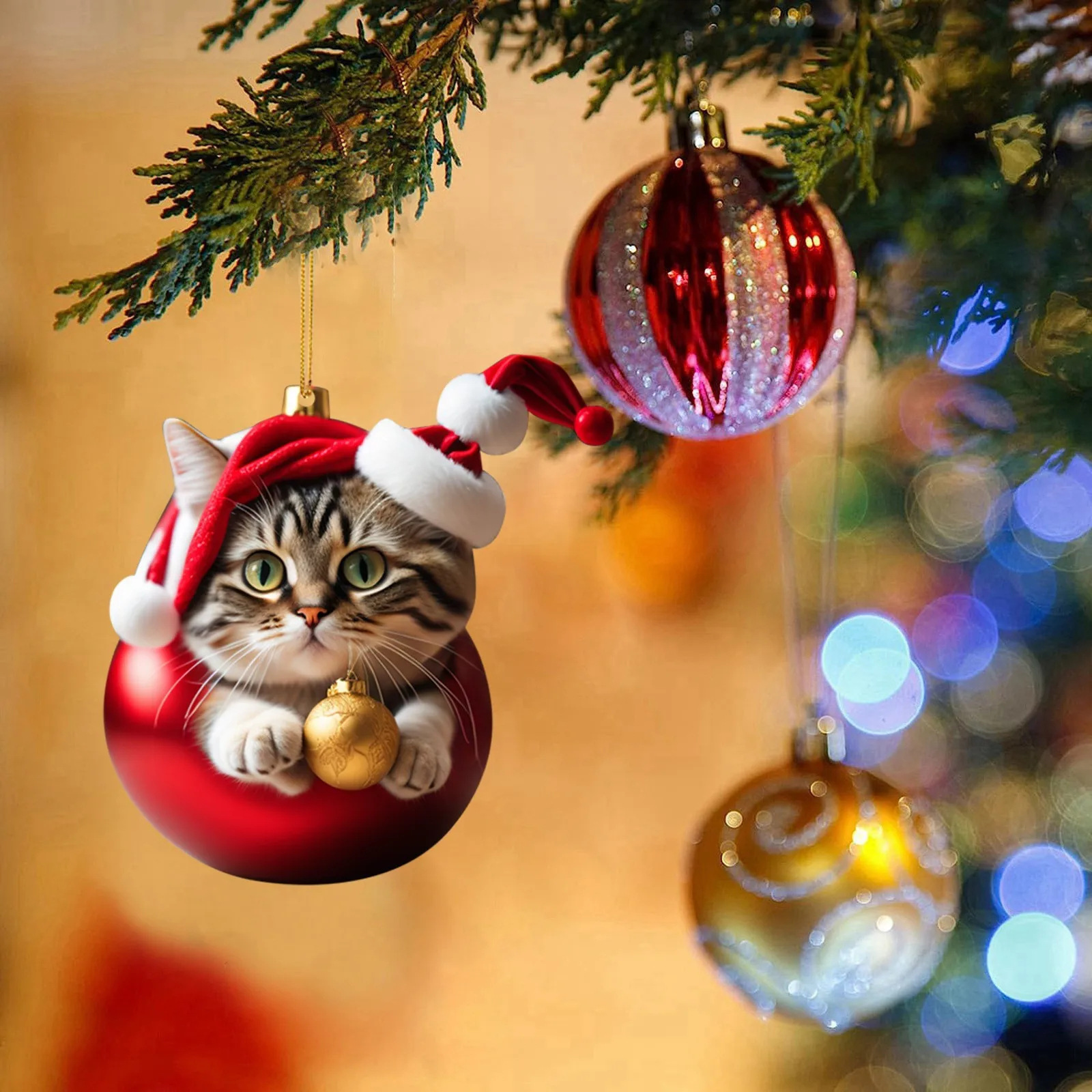 Acrylic Funny Cute Plump Cat Handheld Christmas Ball Christmas Tree Decorative Hanging Ornament Keychain Holiday Celebration