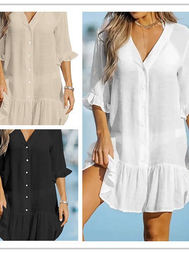 Picture of European and American summer new v-neck ruffled casual dress Amazon solid color beach dress ins sun protection blouse for women