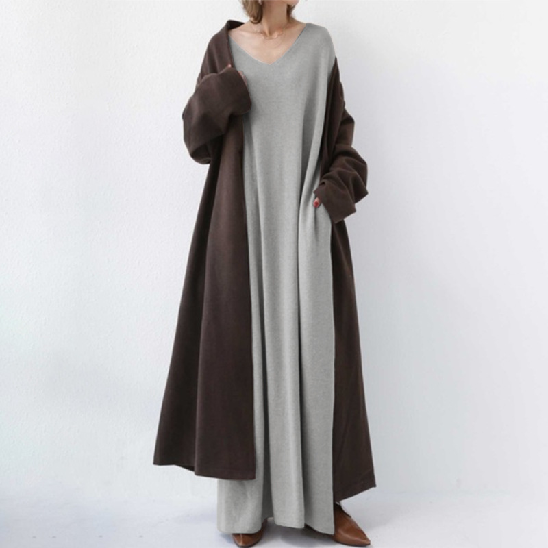Japanese Style Plain Simple Knitted Skirt Spring Casual Urban Loose Women's V Neck Large Swing Dress Light Mature Women