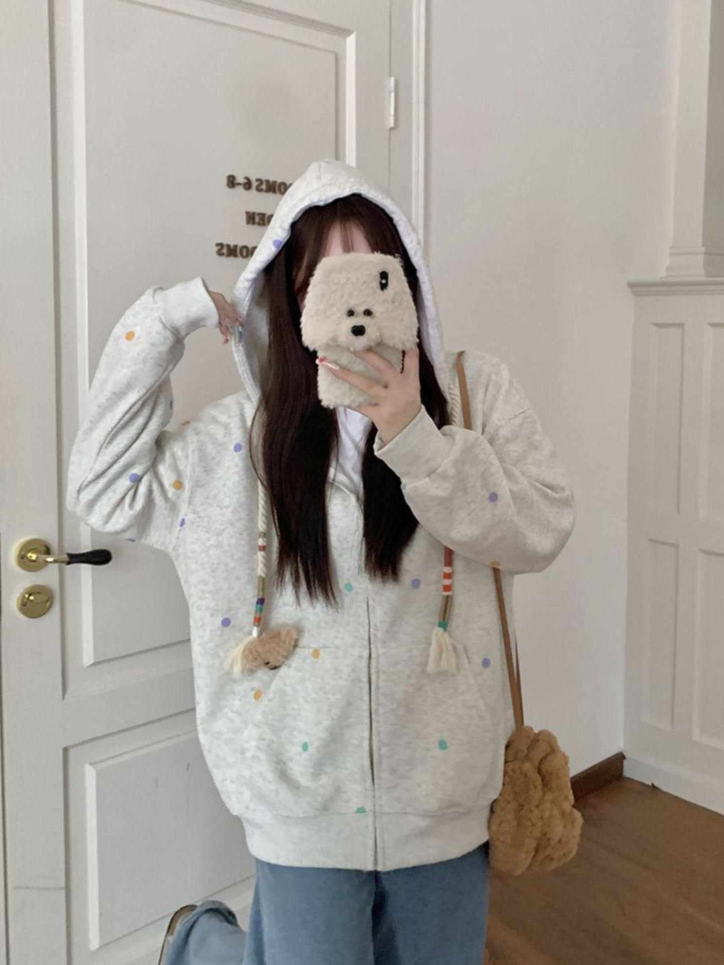 Color Dot Letter Embroidered Hooded Sweater Women's 2024 Autumn and Winter New Lazy Style Loose All-match Cardigan Jacket