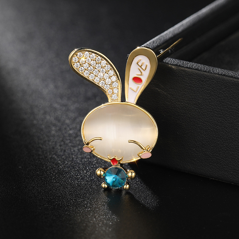 Picture of Qianyu silver cartoon cute animal small collar pin copper zircon anti-exposure Buckle bunny brooch one-piece delivery