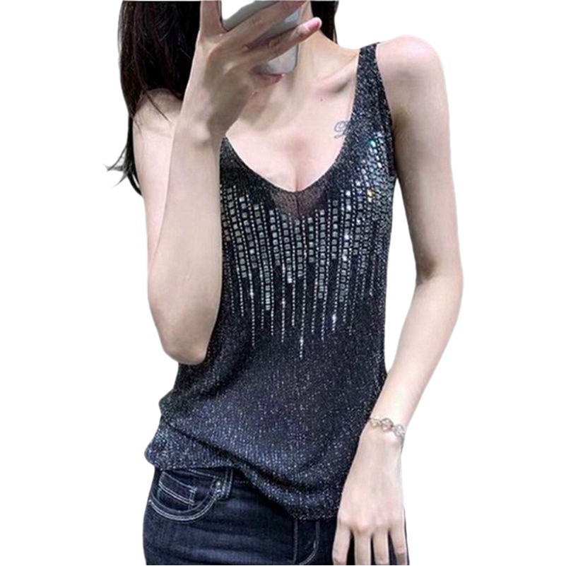 Hot Drilling Vest Sling Women's Summer 2025 New Outer Wear Collar Sleeveless Knitted Base Shirt Thin Ice Silk Top
