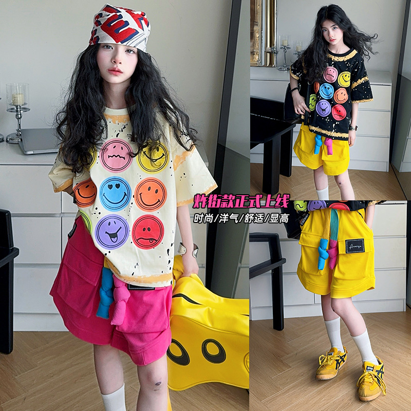 Girls Summer 2025 New Fashionable Western Style Loose Casual Short-sleeved T-shirt Dopamine Wear Shorts Trendy suit