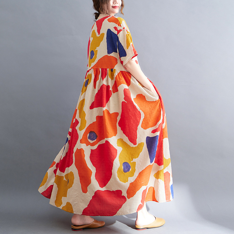 Picture of Artistic plus size chubby girl plus size printed dress summer long dress round neck loose slimming large swing skirt women's clothing