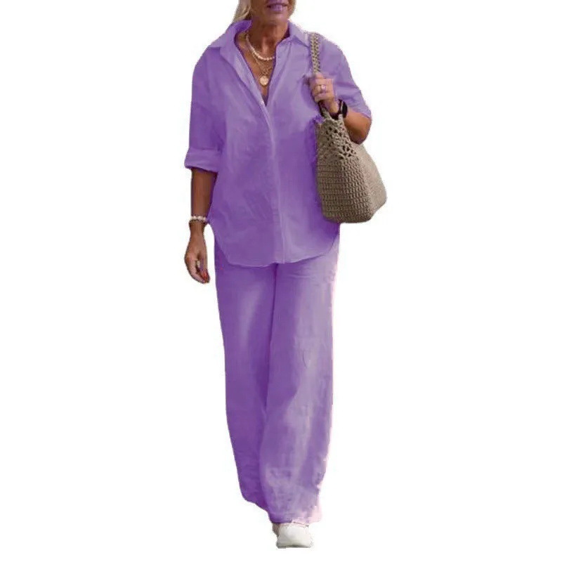 Picture of European and American Cross-Border Women's Two-Piece Set for Women 2024 Lapel Long-Sleeved Shirt Spring and Autum Casual Pure Color Pants Wide-Leg Suit