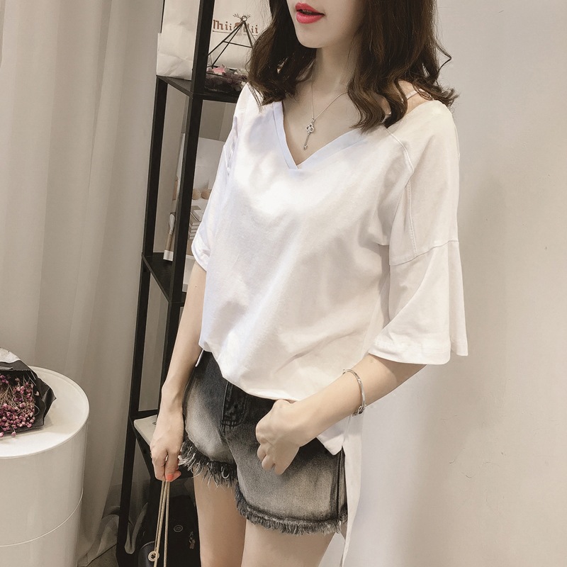 Wholesale 2025 Summer Clothes New Korean Style Pure Color Plus Size Women's Loose V Neck Suspender Short-Sleeved T-Shirt Women's Tops Trendy