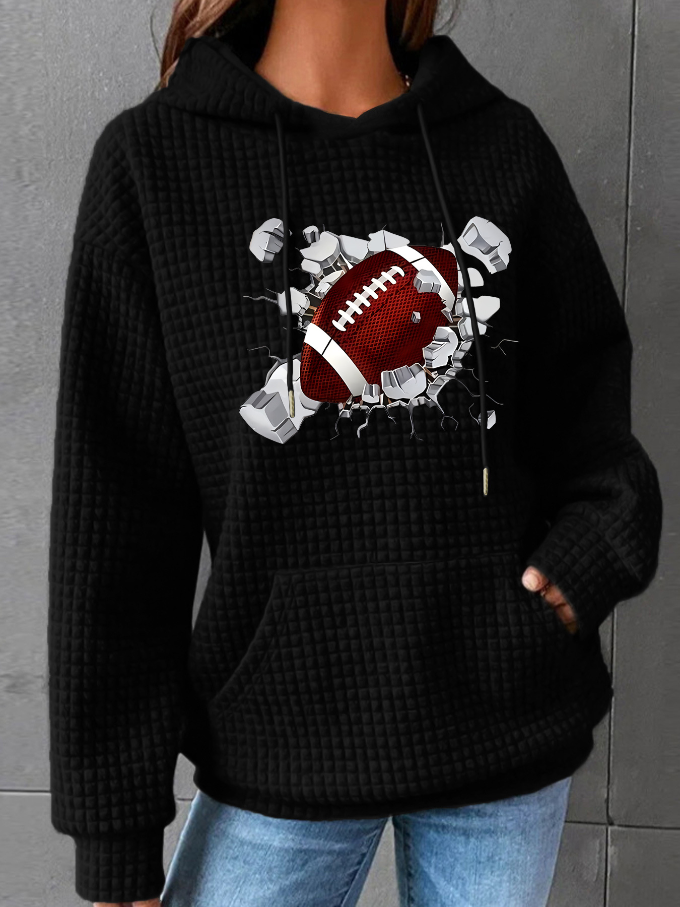 Autumn and Winter Women's New Waffle Kangaroo Pocket Hooded Long-sleeved Baseball Printed Sweatshirt European and American Cross-border European Code