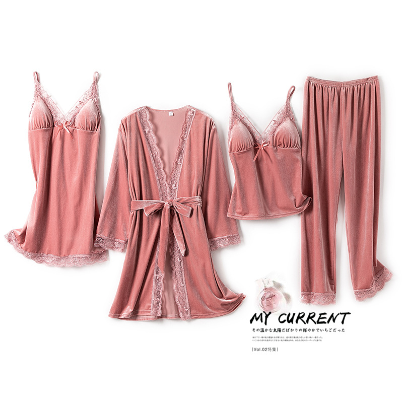 Picture of Gold Velvet pajamas women's autumn and winter four-piece sexy strap nightdress nightgown with chest pad home wear suit can be worn outside