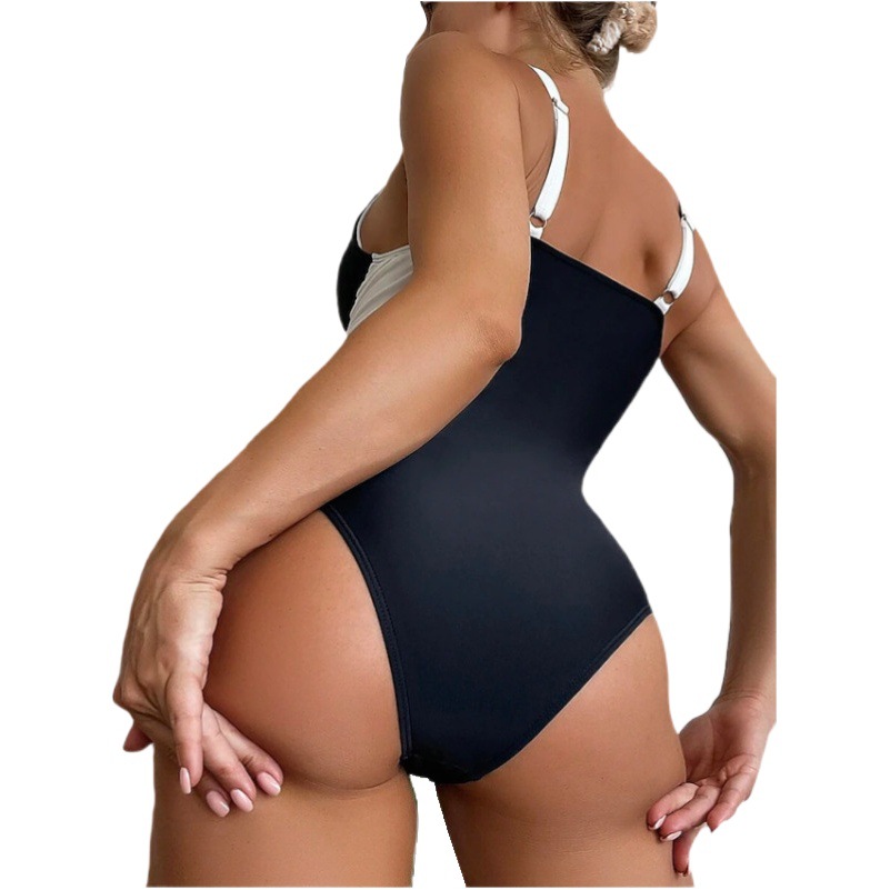 2023 Swimsuit Amazon Large Size Swimsuit Deep V Solid Color Stitching Conservative Swimsuit One-piece Deep V Thickened Bra