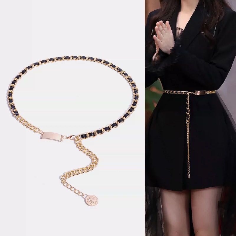 Thick chain belt Women's metal black Chanel style decorative waist chain accessories with skirt suit retro belt chain