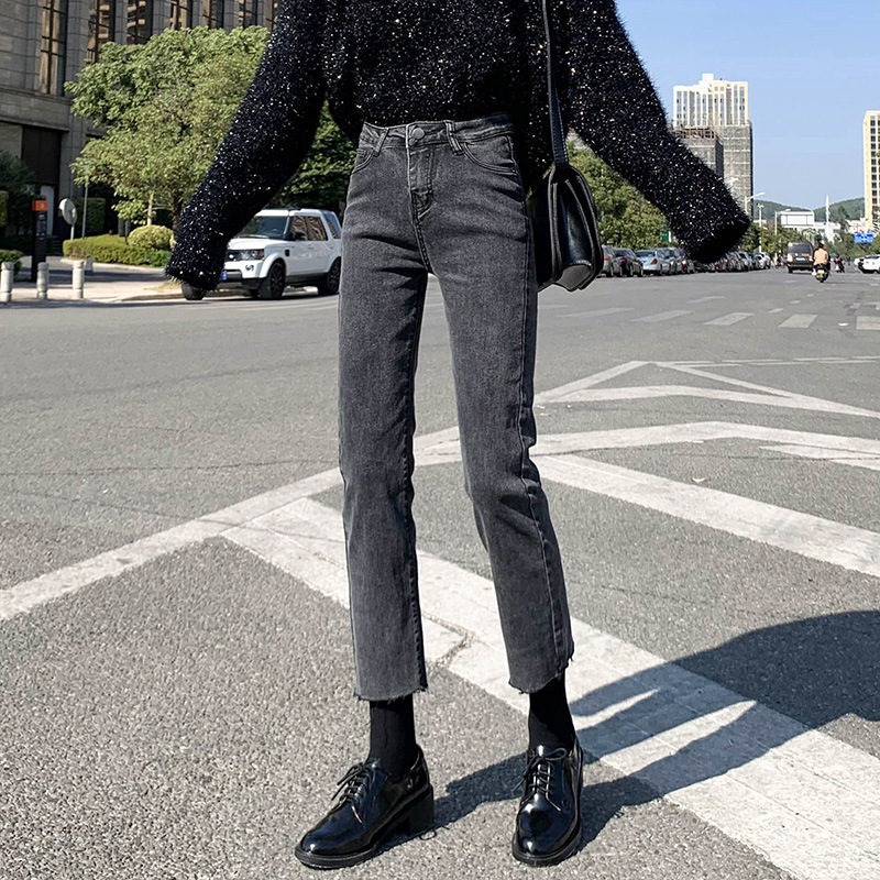 Black Grey High Waist Jeans Women's Large Size Slim Slim-Fit Straight Stretch Loose Cropped Burr Edge Smoke Tube Pants for Chubby Girls