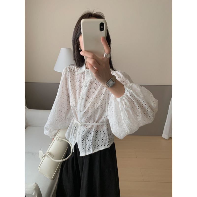 Real shot! Enfretted Chic Hollow Out Lace Embroidered Lapel Lantern Long Sleeve Lace-Up Shirt