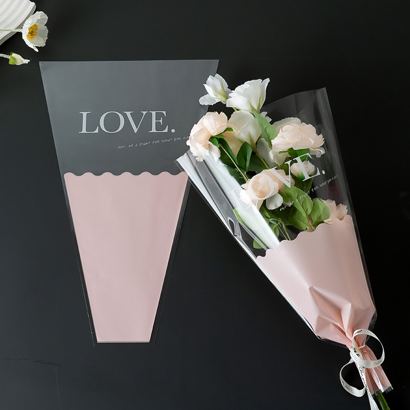 Net red air LOVE flower packaging bag festive bouquet multi-bag rose plastic transparent trapezoidal bag
