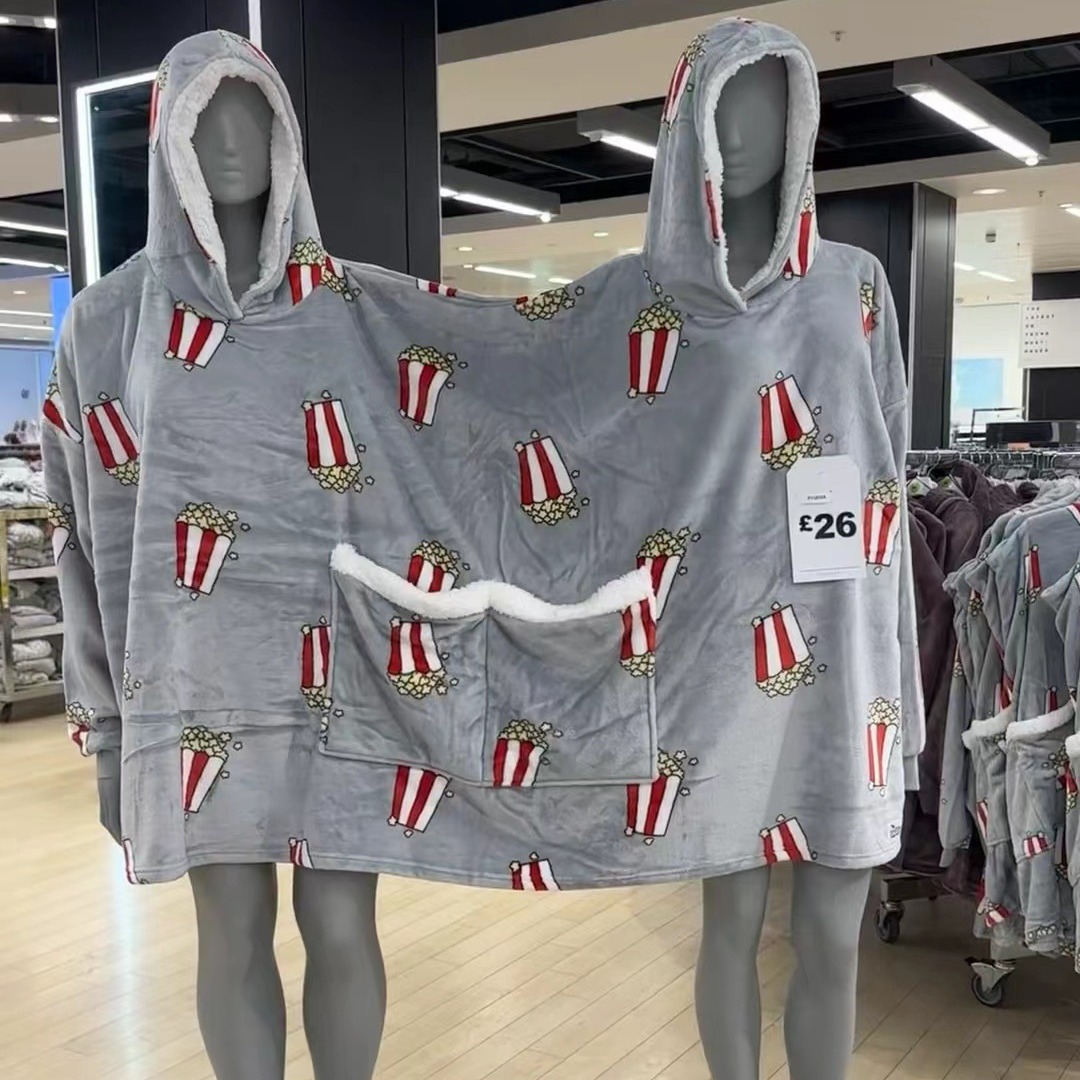 Creative couple double pajamas autumn and winter New fleece-lined hooded sweater popcorn home wear suit cross-border wholesale