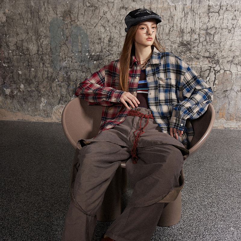 Picture of Cross-Border American Style Contrasting Plaid Splicing Tassel Long-Sleeved Shirt Loose Trendy Brand Design Top Casual and Versatile