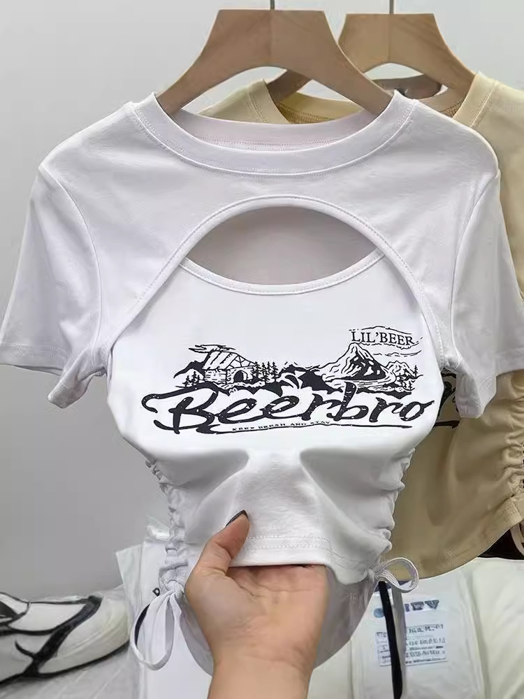 2024 Summer New T-shirt Korean Letter Drawstring Short Hollow Short Sleeve Round Neck T-shirt Women's Top