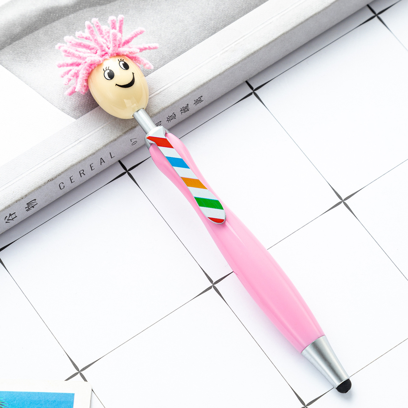 Picture of Cute plush doll head ballpoint pen printable logo three-dimensional cartoon smiley touch pen Christmas gift pen