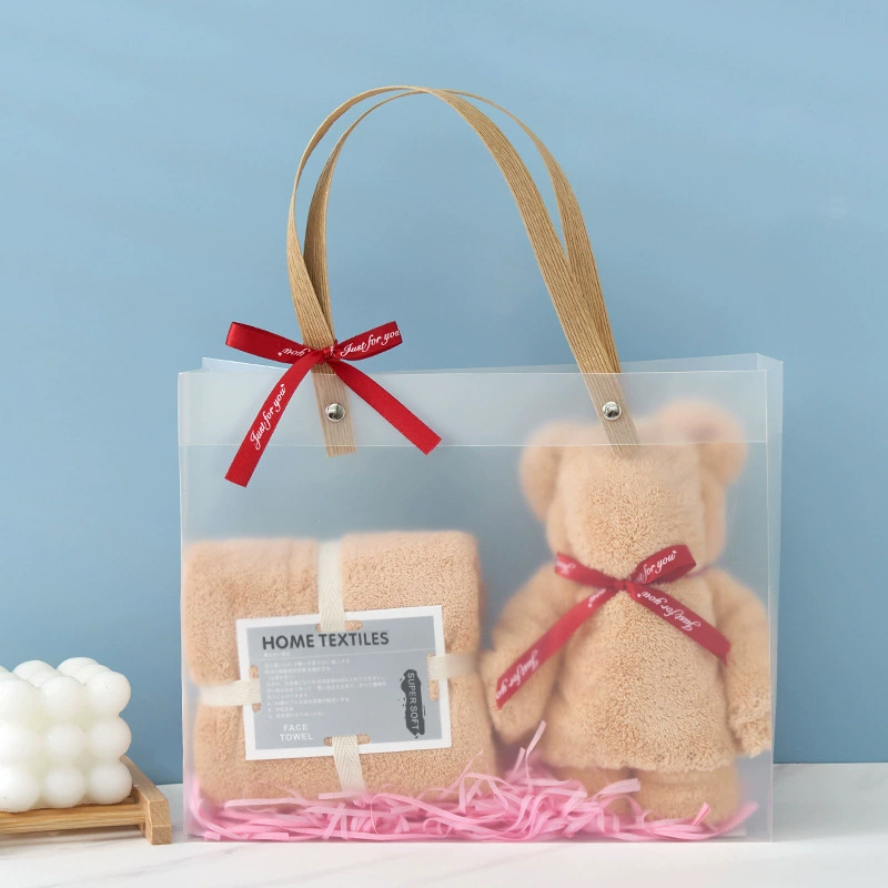 Picture of Coral Velvet Towel Pvc Double Satchel Gift Box Bear Holiday Wedding Souvenir Towel Gift Towel Embroider