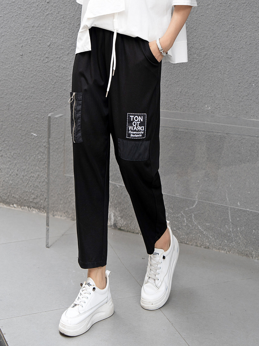 240449 casual pants 2024 summer women's stitching fashion stretch thin all-match cropped harem pants fashion