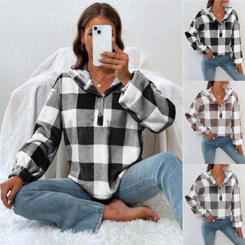 Amazon cross-border 2023 autumn and winter New flannel plaid half open collar buckle hooded plush sweater for women