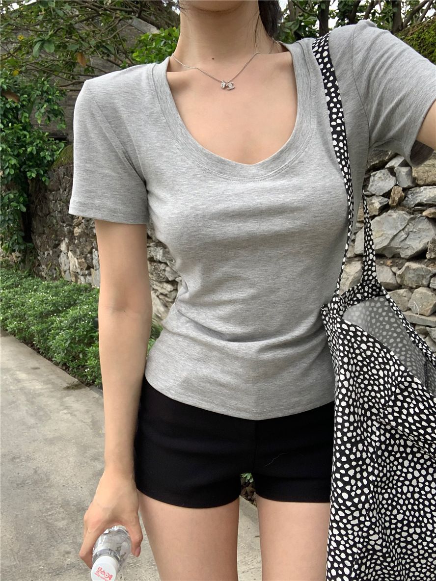 Solid Color U-Neck T-Shirt for Women Summer 2025 New Korean Style Niche Sexy Slim Versatile Short-Sleeve Top Ins Trend