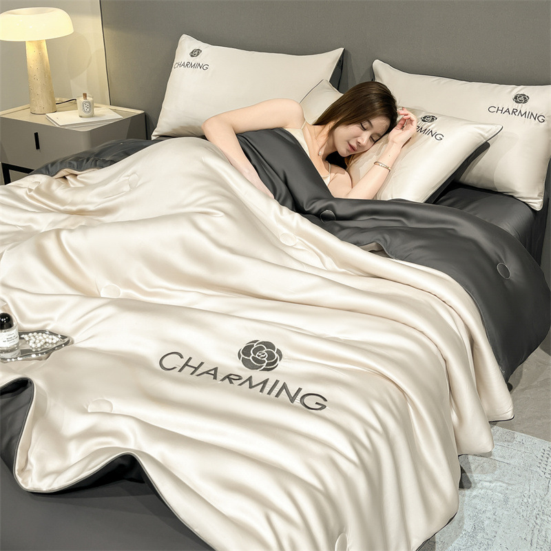 Picture of Class a Washed Ice Silk Summer Quilt Four-Piece Set of Summer Cool Quilt That Can Sleep Naked, Embroidered Air-Conditioned Quilt, Cool Silk Summer Thin Quilt