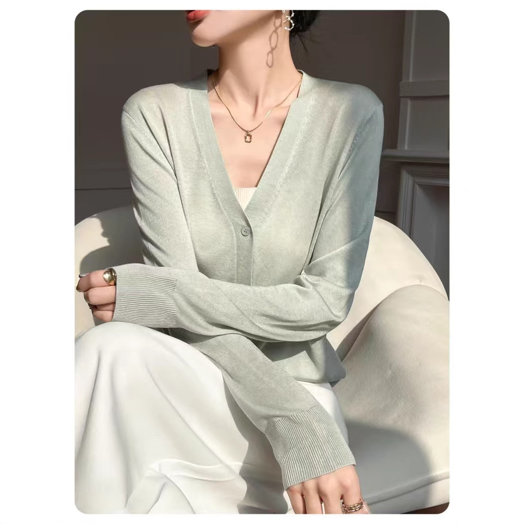 Lady Korean Fan! Summer new V-neck knitted cardigan women's loose long sleeve air conditioning shirt solid color coat wholesale